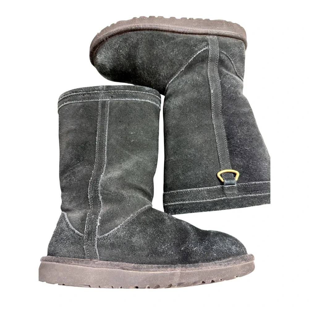 UGG Australia Tall Boots Black Suede Ring Hardware GUC Sherpa Lined Size 3